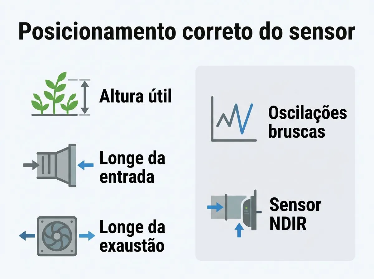 Infográfico com posicionamento do sensor NDIR em cultivo indoor: altura útil, distância da entrada e da exaustão, e sinais de leitura instável.