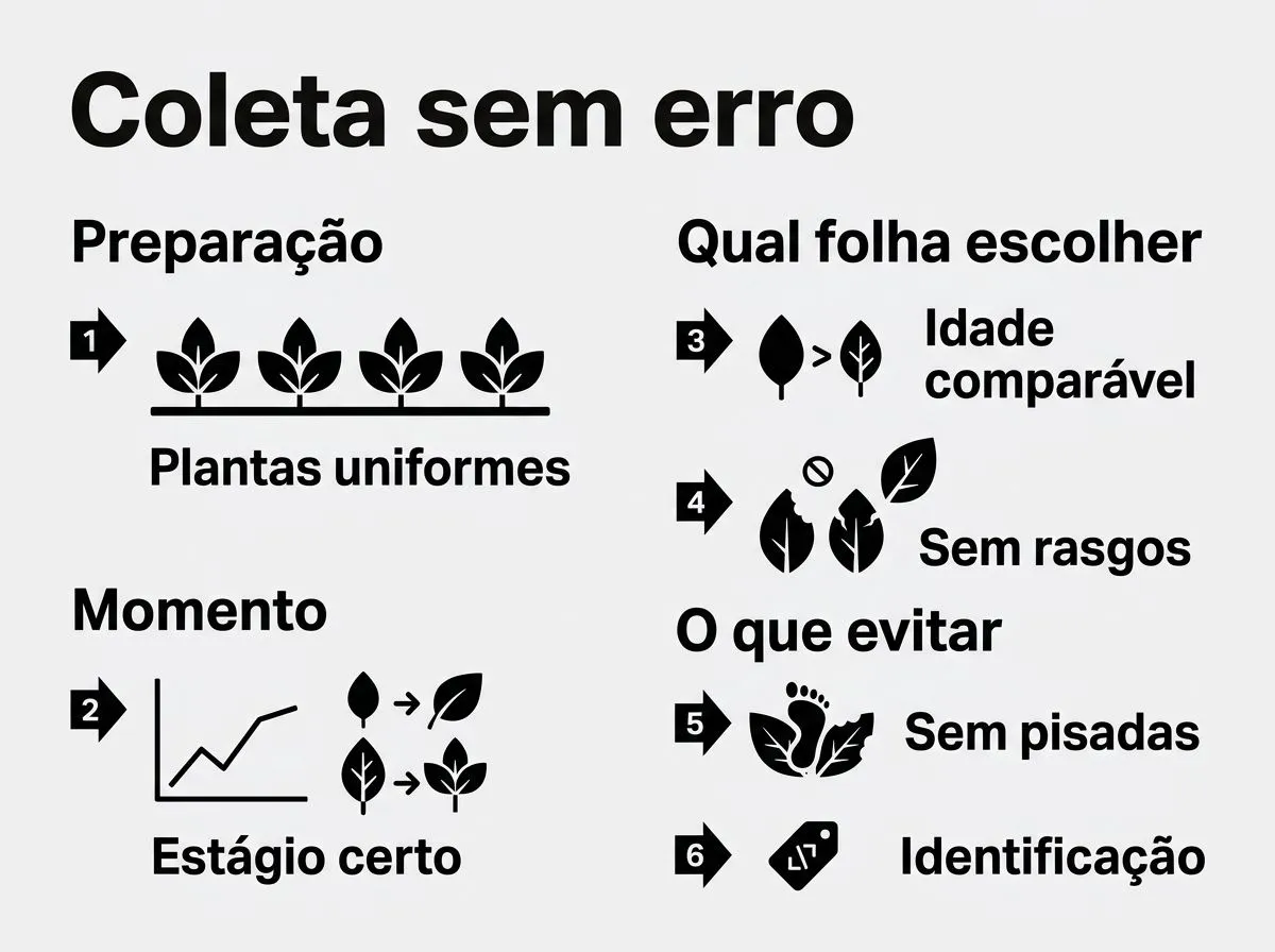 Infográfico com passos para coletar amostras foliares em hidroponia evitando contaminação e erros de comparação.