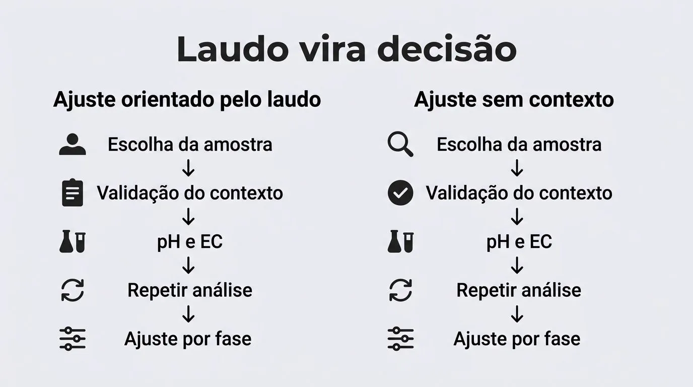 Comparativo em infográfico mostrando como usar o laudo foliar para ajustar a solução nutritiva com base em contexto e validação do manejo.