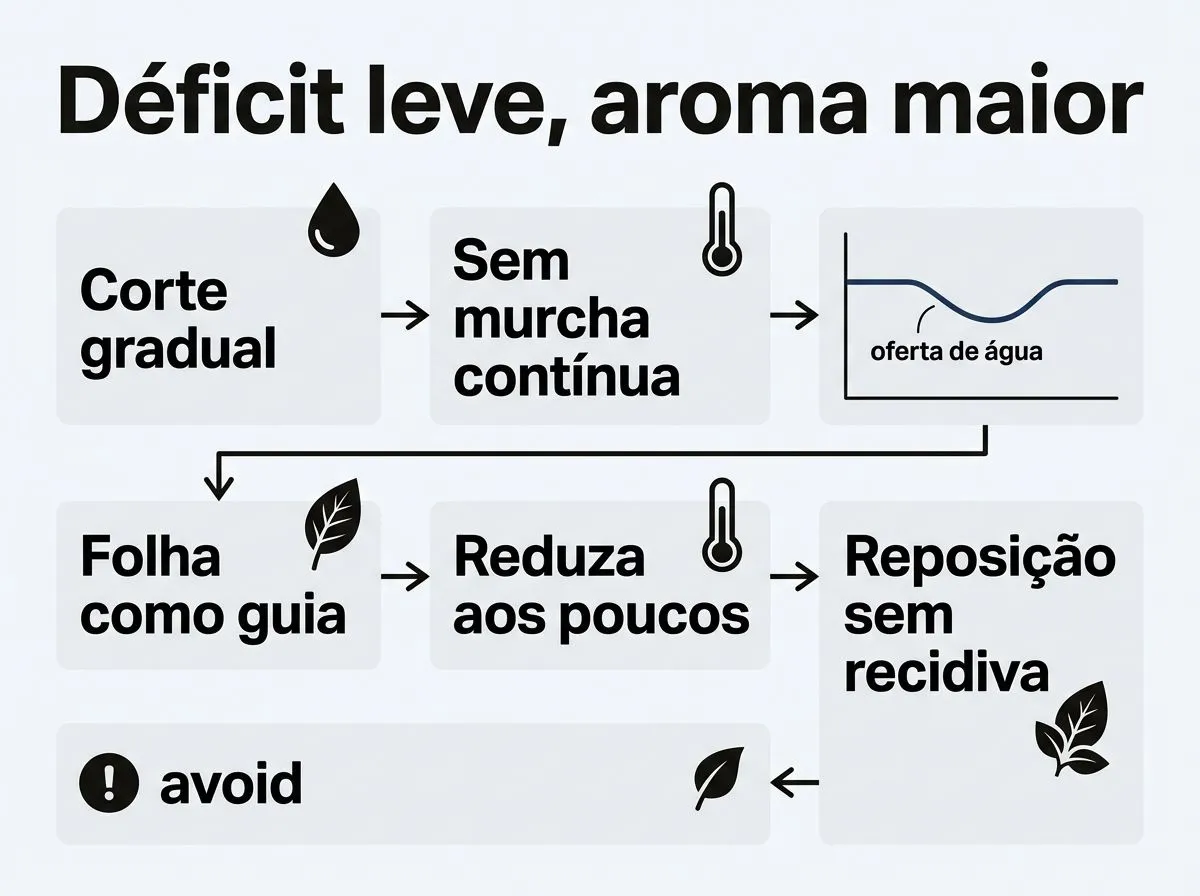 Infográfico com passos para usar déficit hídrico leve na hidroponia visando aumentar compostos aromáticos, com alertas de risco