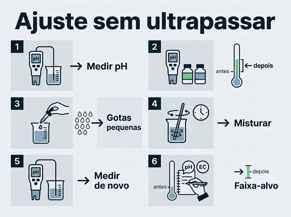 Infográfico com o ciclo de medir, corrigir em pequenas porções e medir novamente para manter o pH na faixa-alvo.