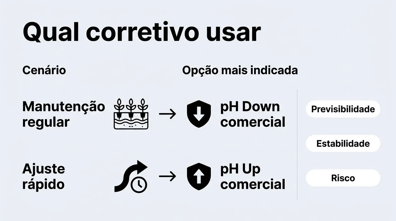 Comparação em quadro de decisão para escolher pH Up ou pH Down conforme o cenário de cultivo em hidroponia caseira.