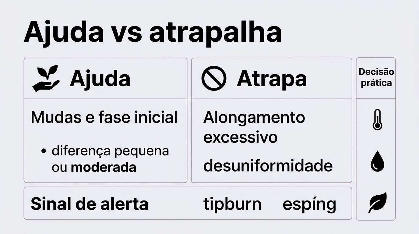 Gráfico comparativo mostrando quando o DIF dia/noite ajuda ou atrapalha o cultivo, com sinais de alerta
