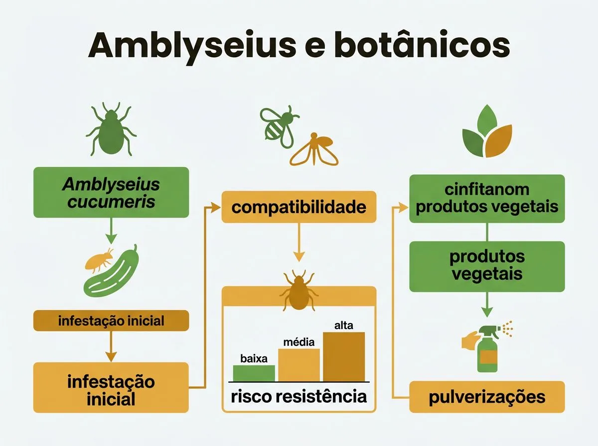 Infográfico comparando Amblyseius cucumeris e produtos vegetais para tripes, com compatibilidade e risco de resistência.