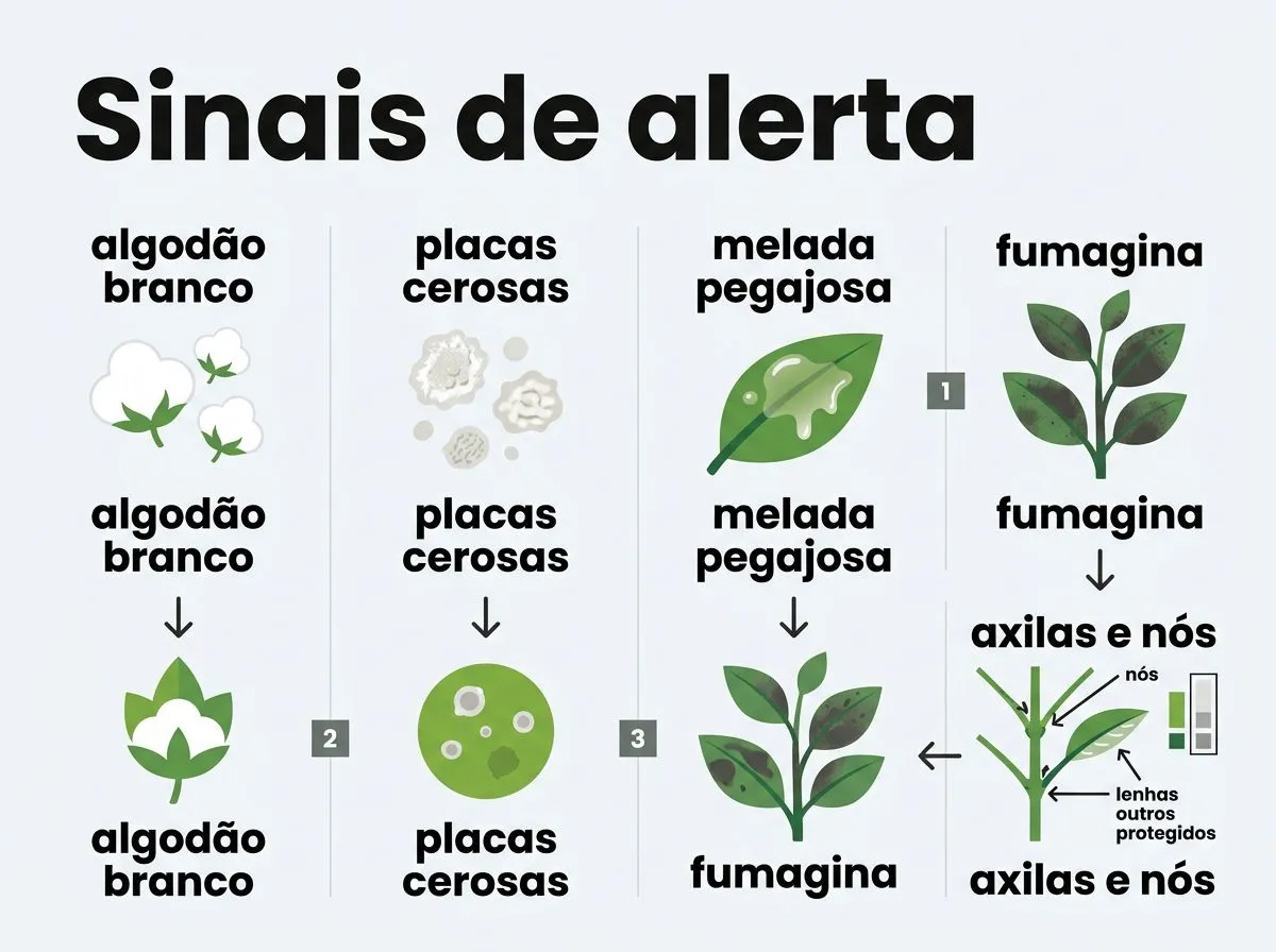 Infográfico com sinais visuais de cochonilha em plantas hidropônicas e onde inspecionar.