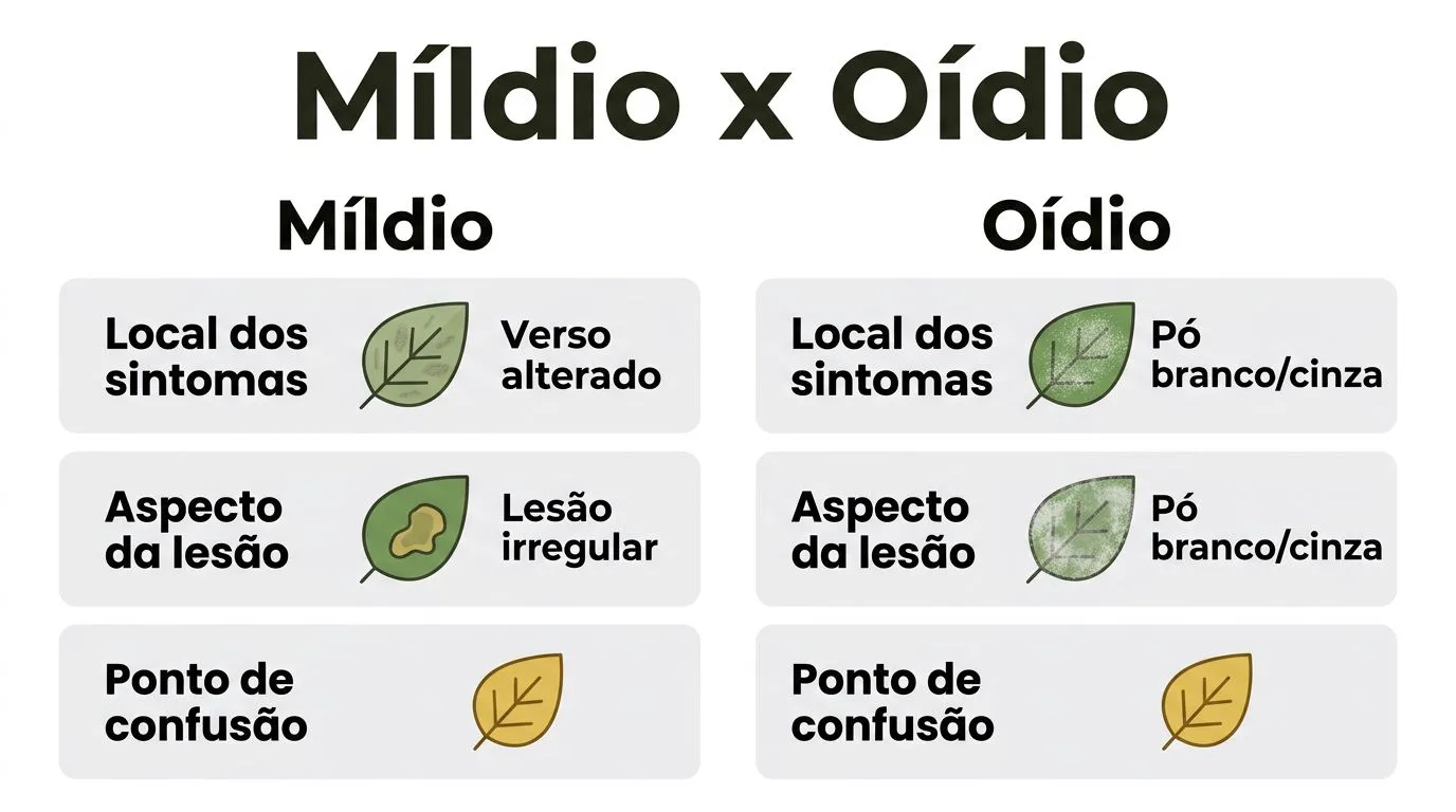 Comparação visual entre míldio e oídio em folhas de plantas em cultivo hidropônico.