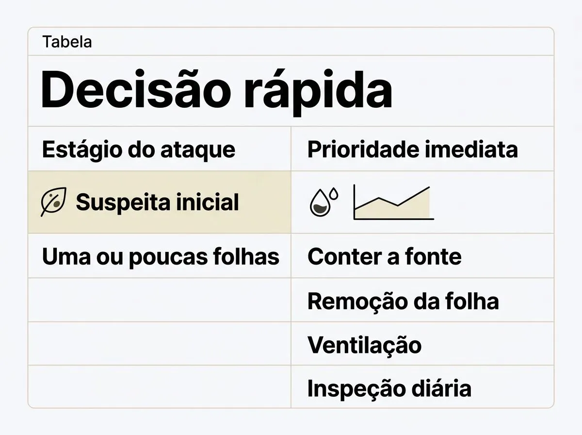 Tabela de decisão rápida para tratar míldio em hidroponia doméstica com base no estágio e sintomas iniciais.