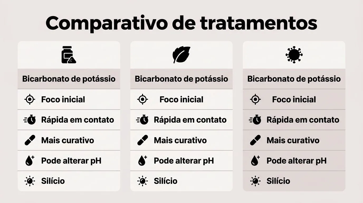 Comparativo visual de tratamentos contra o oídio na hidroponia com rótulos curtos por opção.