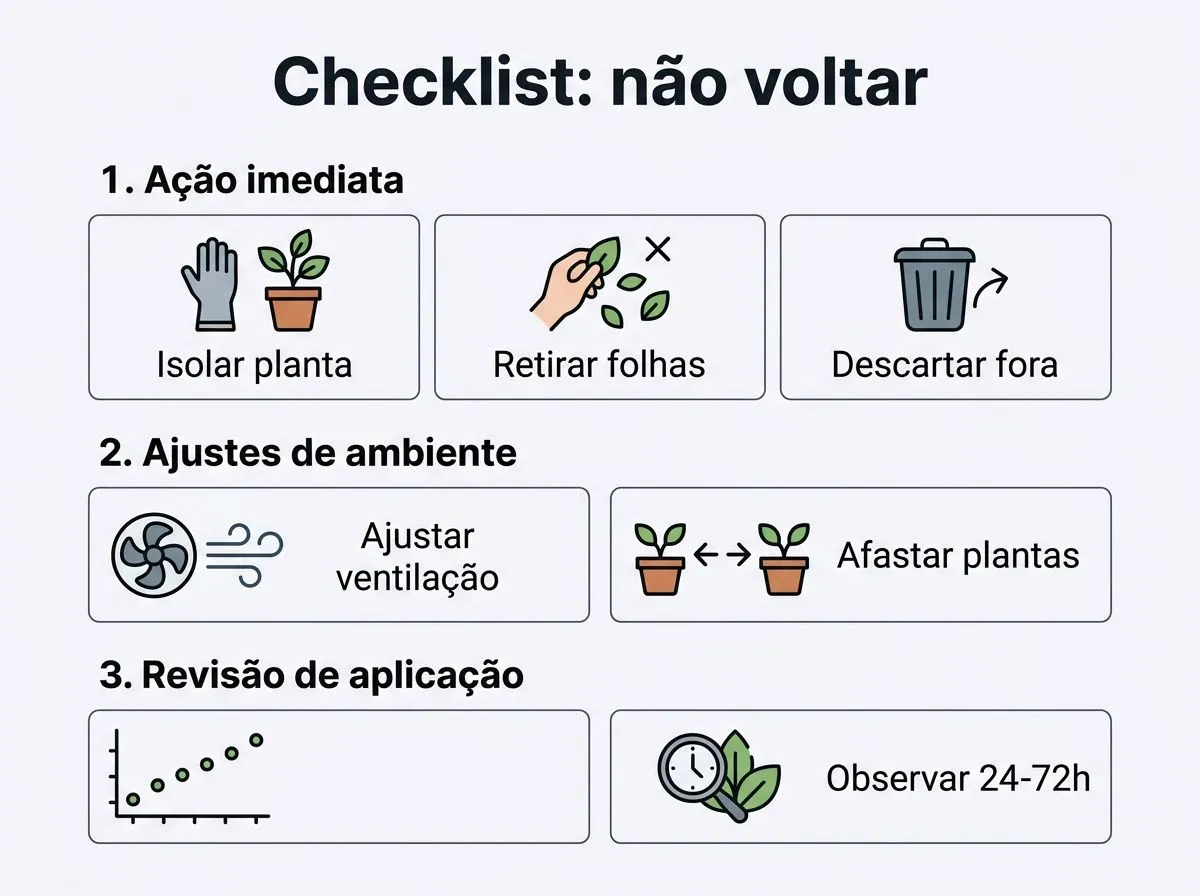 Checklist visual com passos de aplicação e prevenção para evitar que o oídio volte na hidroponia.