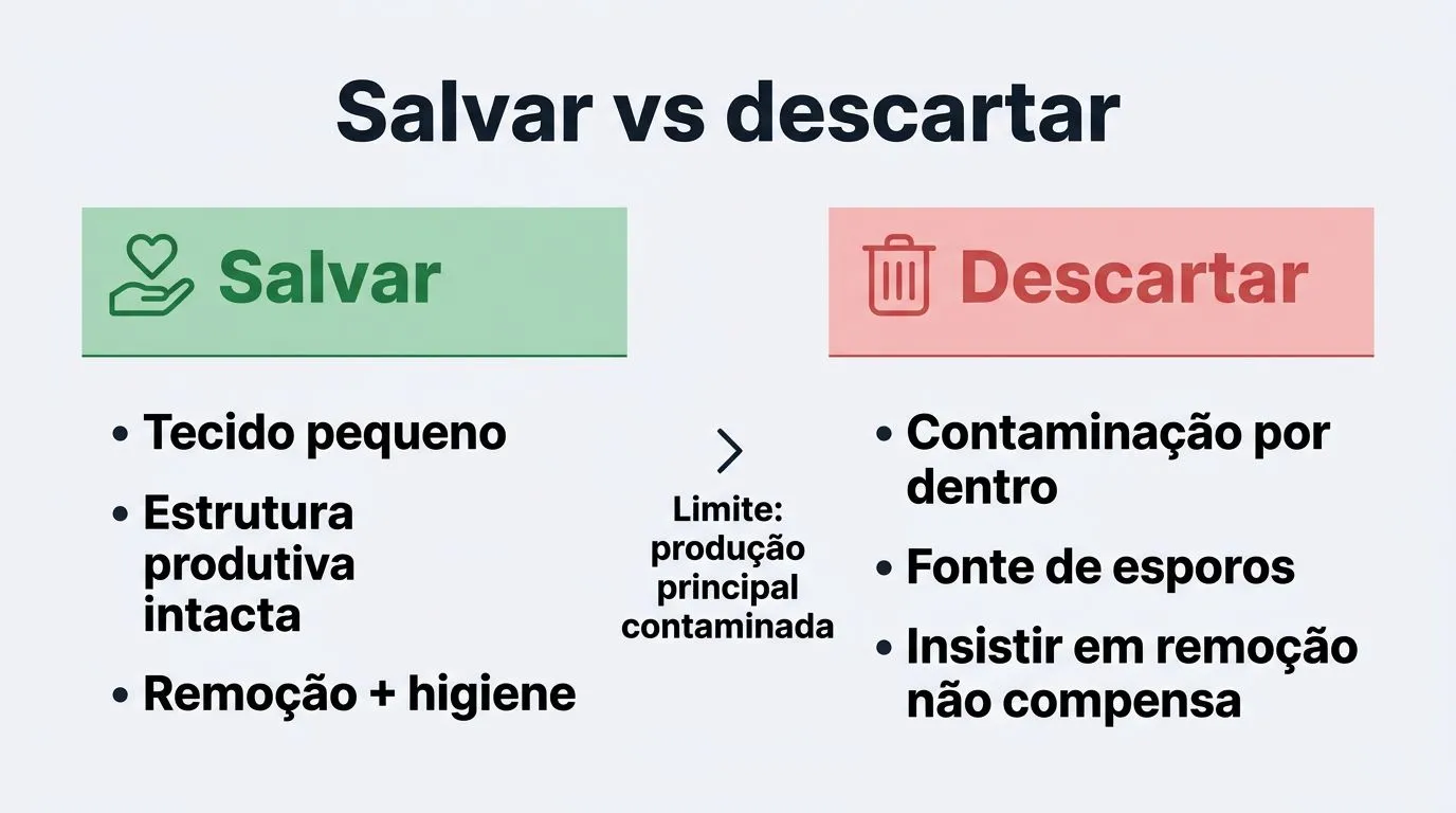 Comparativo visual entre quando isolar e tentar salvar e quando descartar plantas com Botrytis na hidroponia.