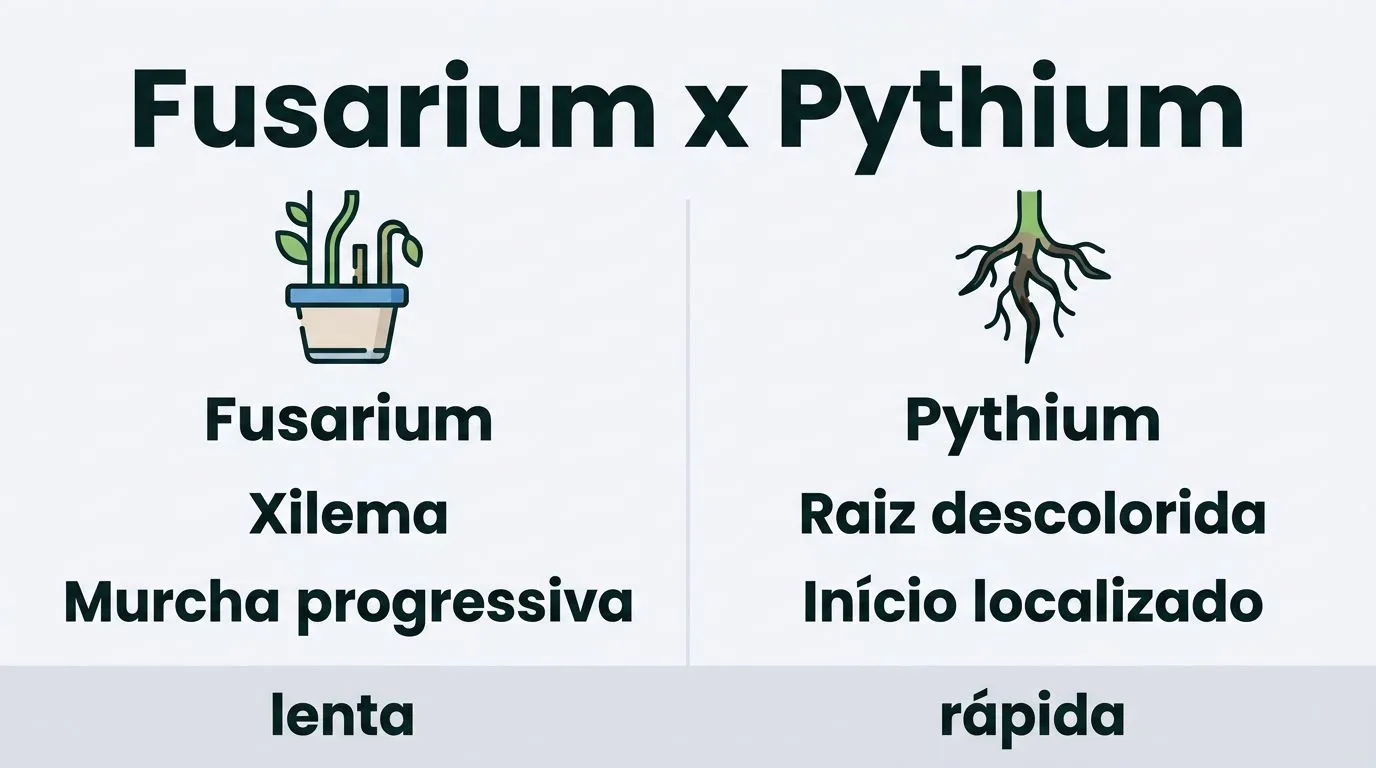 Comparação visual entre murcha vascular associada a Fusarium e podridão radicular associada a Pythium na hidroponia.