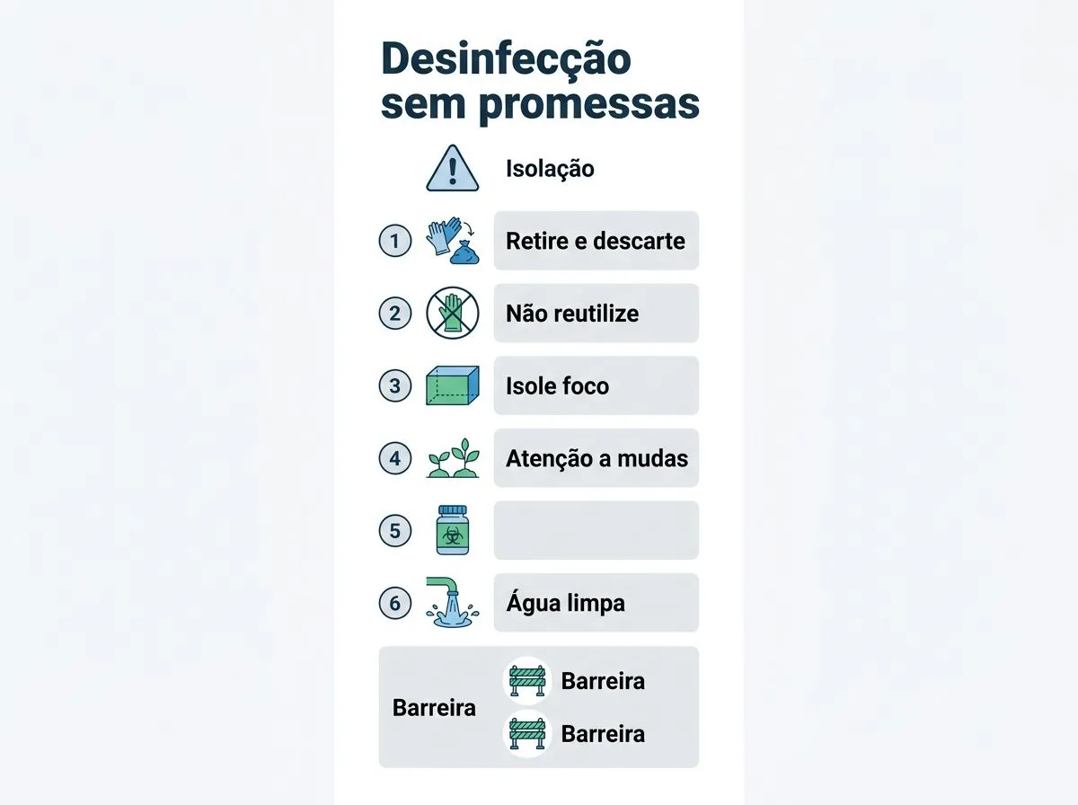 Checklist de desinfecção do sistema e prevenção para reduzir reinfecção em hidroponia doméstica.