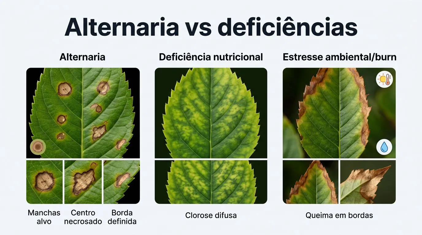 Comparativo visual entre manchas de Alternaria, deficiência nutricional e estresse/burn na folha.