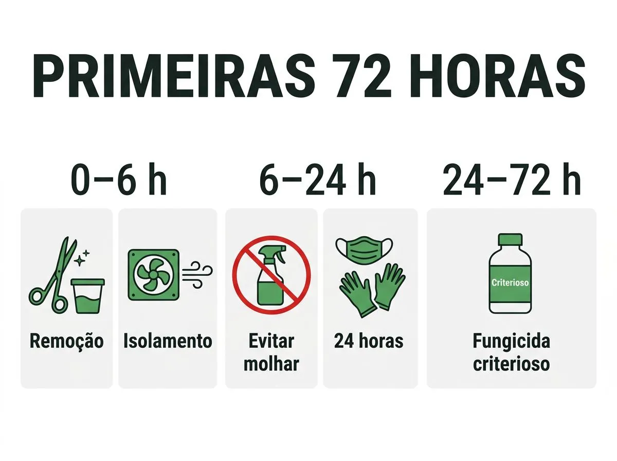 Checklist visual das primeiras ações nas primeiras 72 horas ao identificar possível Alternaria na hidroponia.