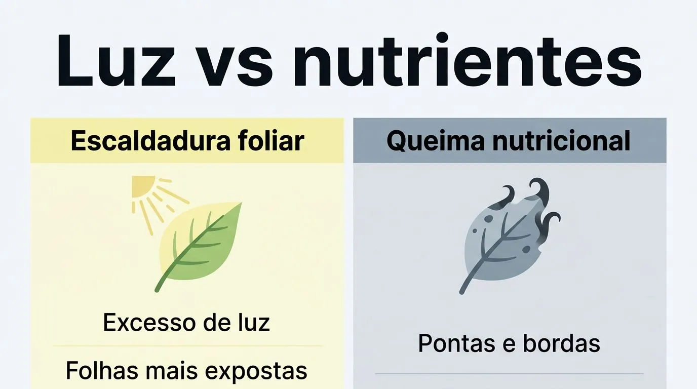 Comparação visual entre escaldadura foliar por excesso de luz e queima nutricional na hidroponia.