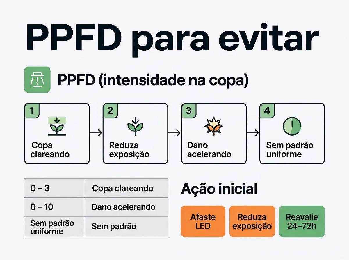 Infográfico de PPFD para orientar cálculo, leitura de risco e reposicionamento do LED para evitar superexposição.