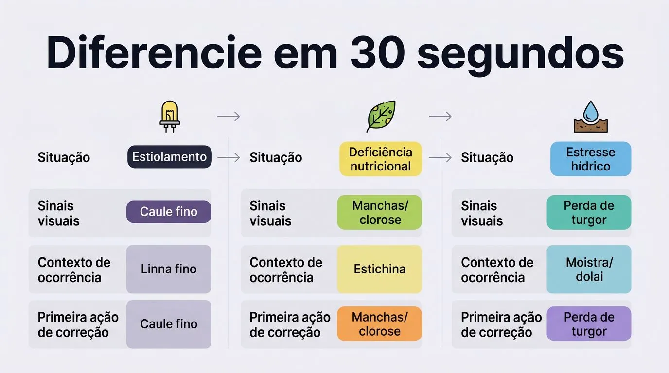 Infográfico comparativo entre estiolamento, deficiência nutricional e estresse hídrico