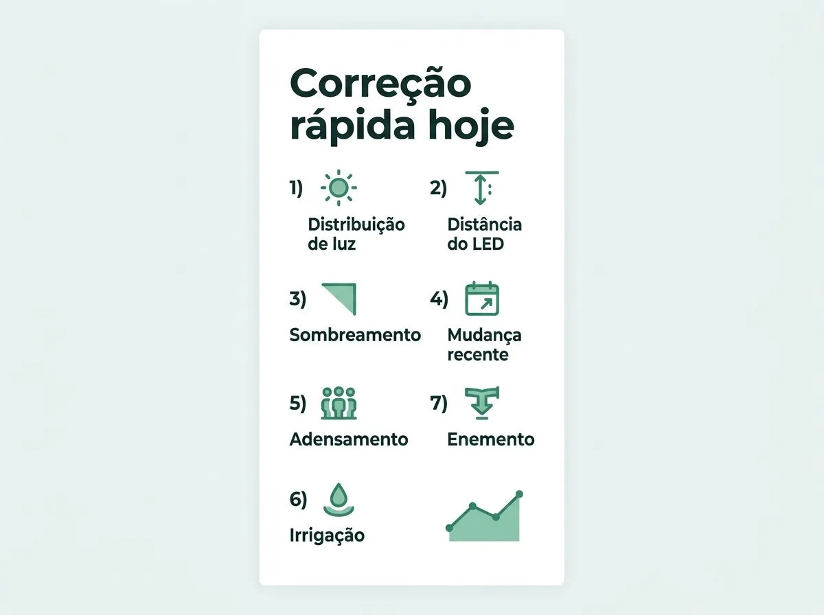 Checklist visual para corrigir estiolamento na hidroponia doméstica
