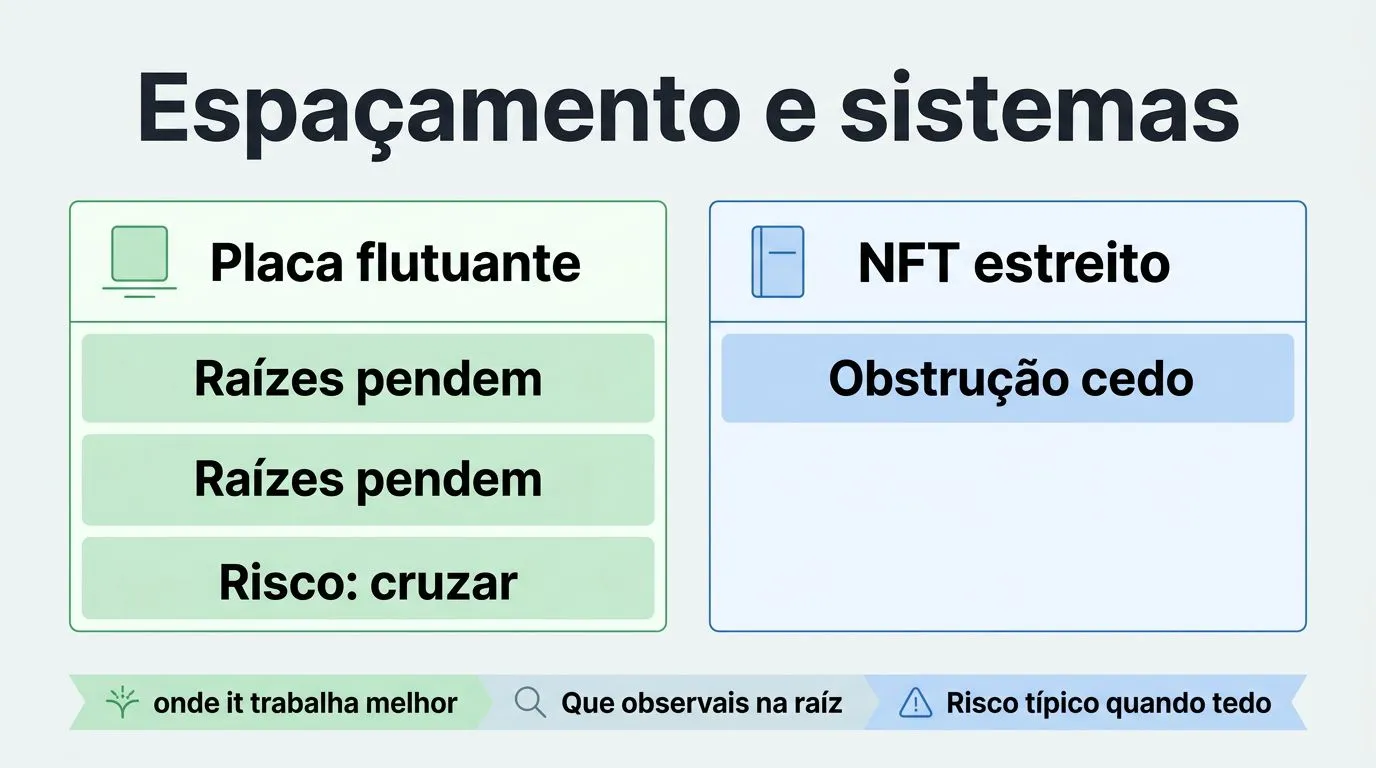 Comparativo visual entre placa flutuante e NFT sobre espaçamento e riscos de raiz apertada.