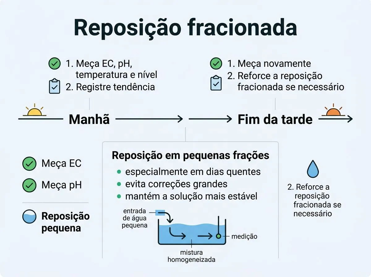 Infográfico com rotina de medição (manhã e fim da tarde) e reposição fracionada para estabilizar a EC na hidroponia.