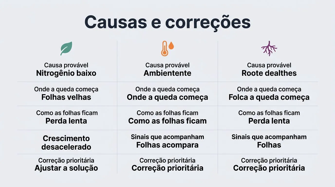 Infográfico comparativo com causas prováveis, sinais e correção prioritária para queda de folhas em hidroponia.