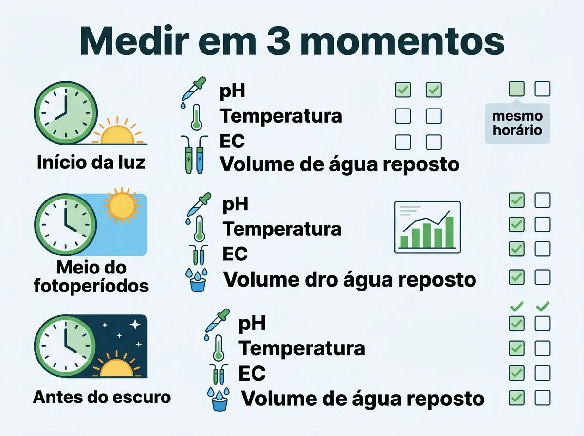 Infográfico com frequência ideal de medição do pH e itens de registro na hidroponia.