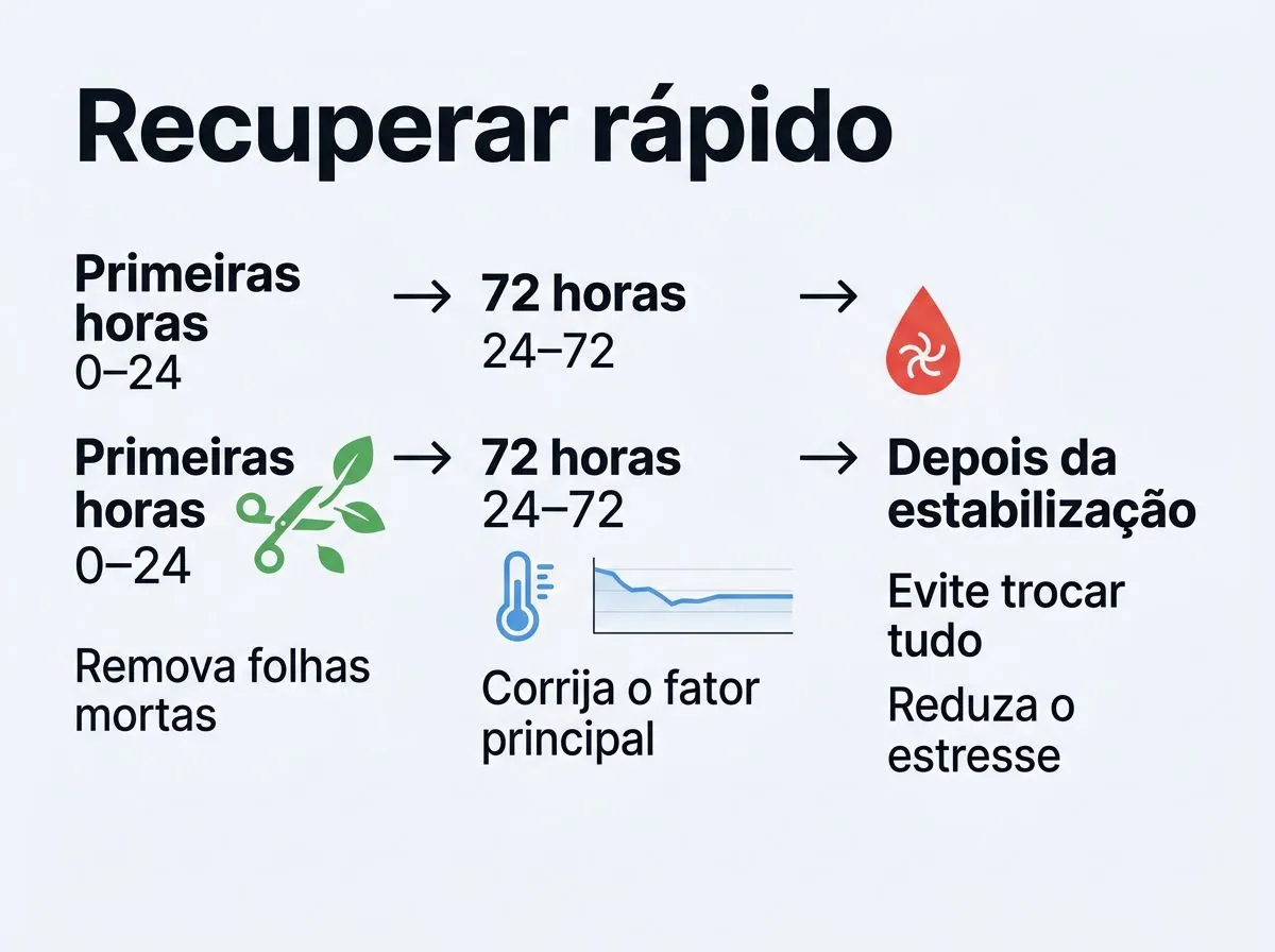 Infográfico em linha do tempo com passos de recuperação nas primeiras 24 a 72 horas após queda de folhas na hidroponia.