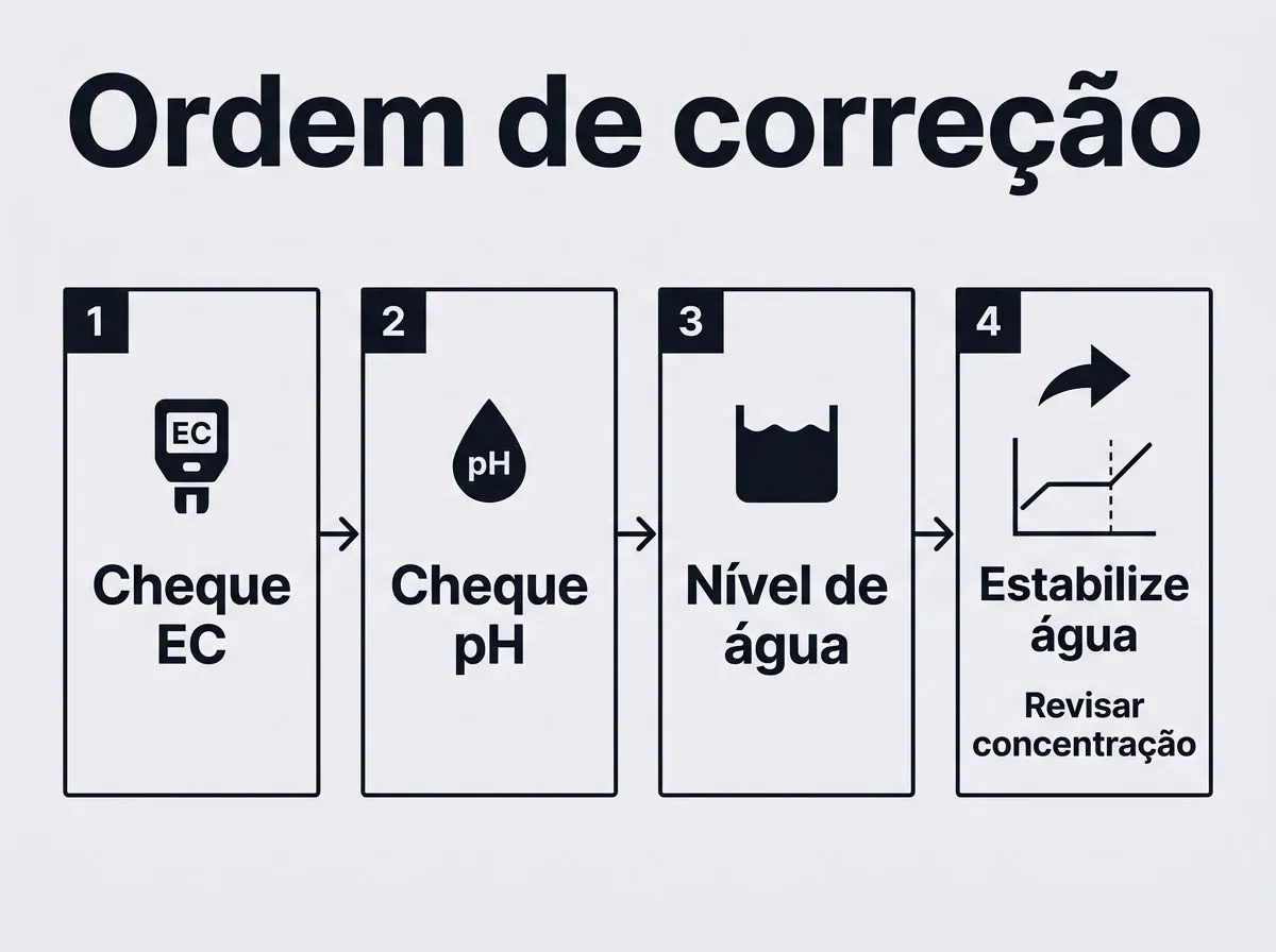 Infográfico em sequência mostrando a ordem de checagem e correção (EC, pH e nível de água) para conter a podridão apical sem trocar toda a solução.