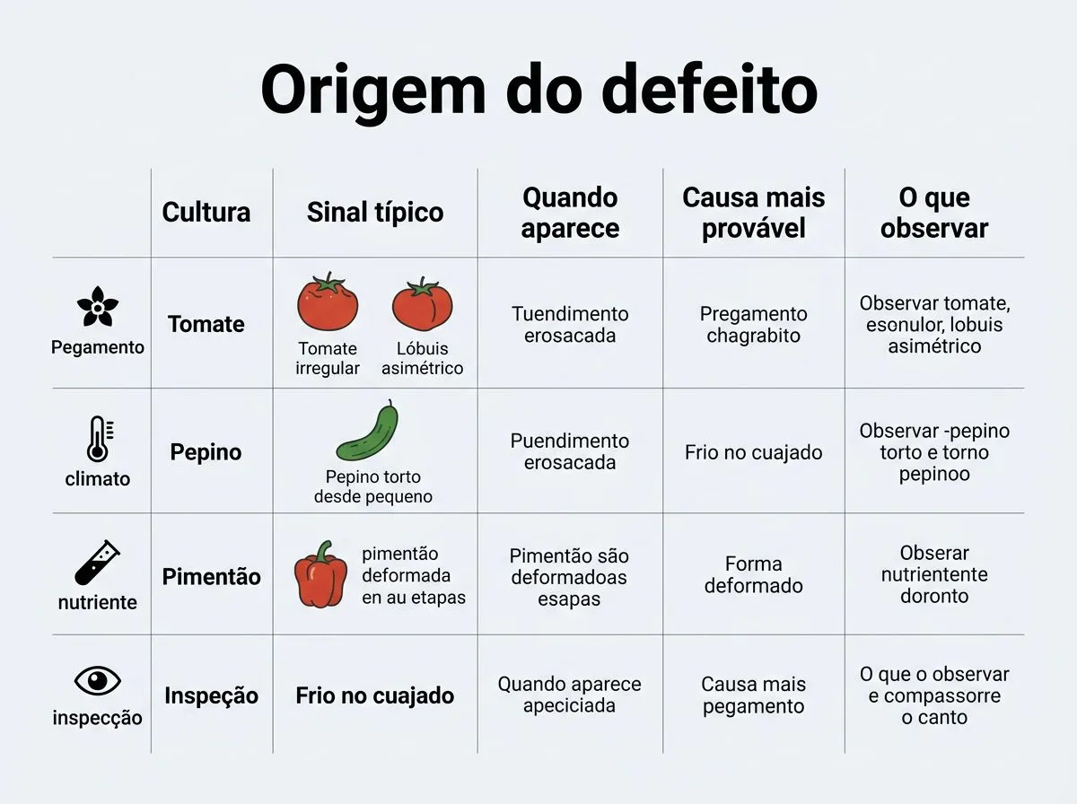 Infográfico com tabela para identificar sinais típicos de deformação em tomate, pepino e pimentão, indicando quando o defeito aparece e a causa mais provável.