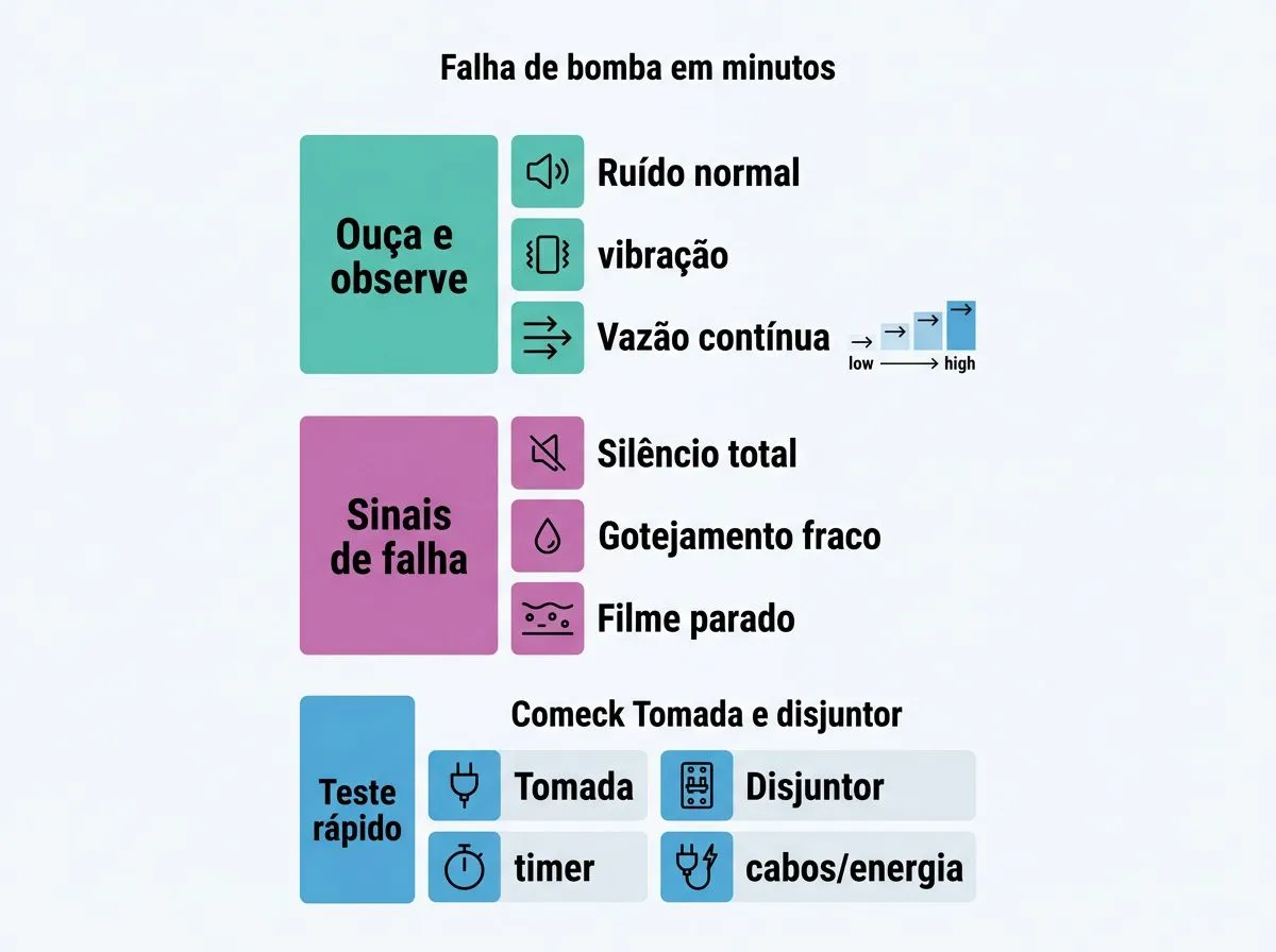 Infográfico com checklist visual para identificar falha de bomba na hidroponia: ruído, vazão e energia.