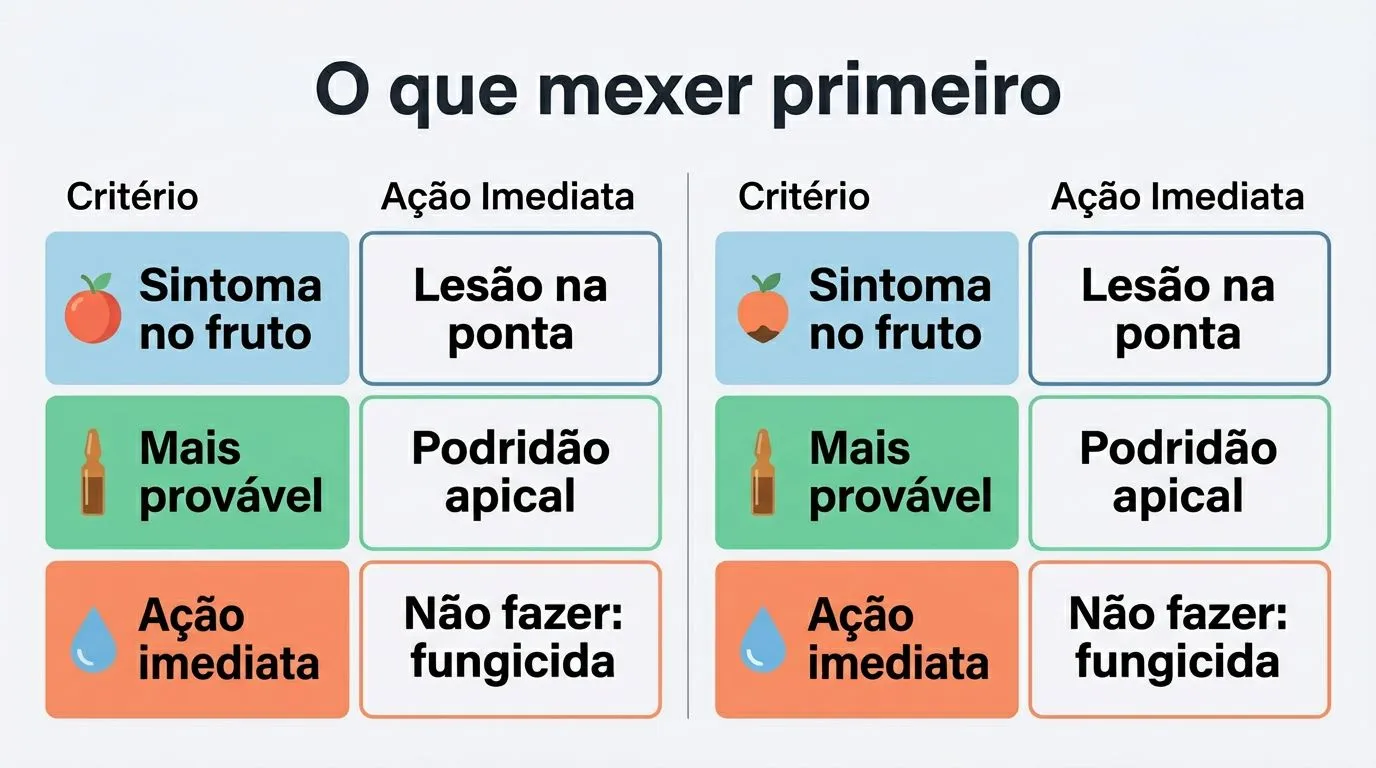 Matriz comparativa para decidir ações imediatas diante de sinais de podridão apical e pistas do ambiente e da solução, evitando medidas automáticas.