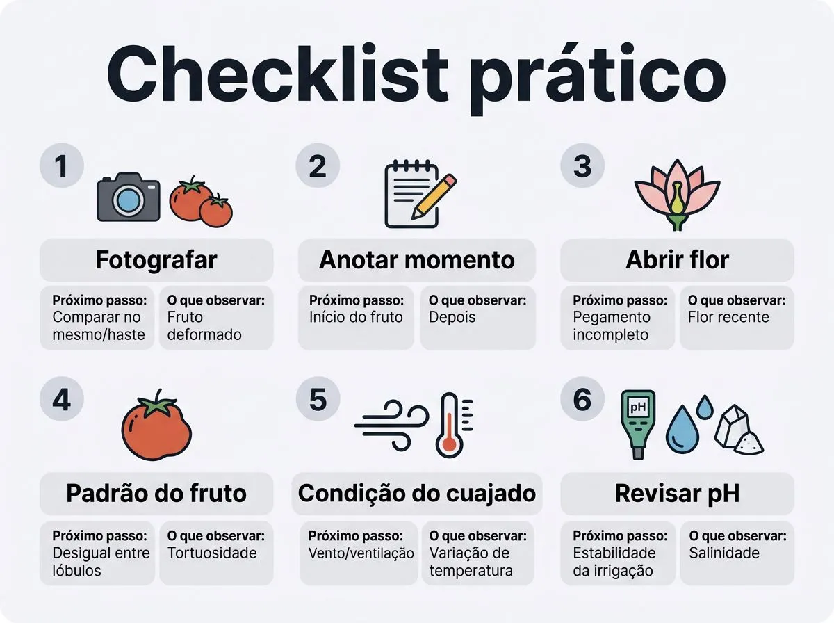 Checklist visual com passos para diagnosticar deformações em frutos de tomate, pepino e pimentão na hidroponia antes de corrigir a nutrição.