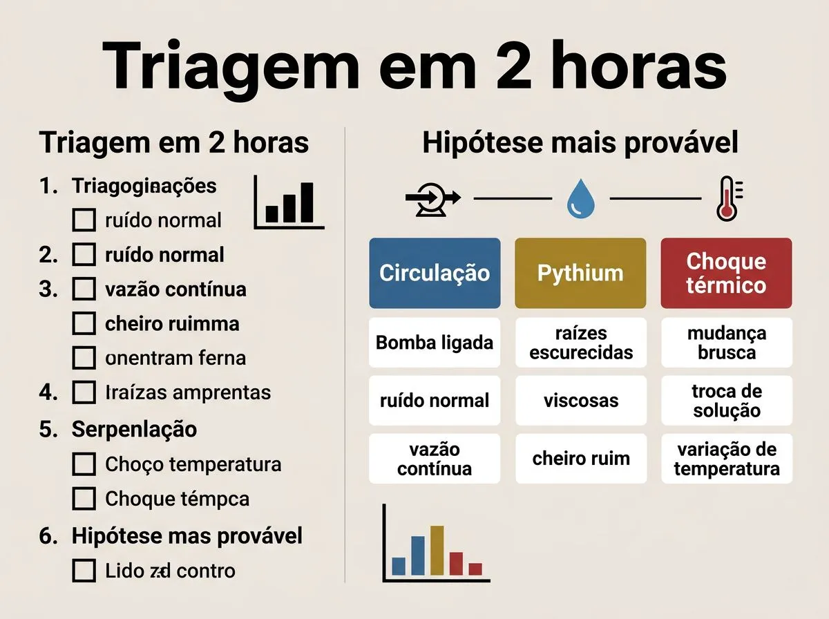 Checklist em infográfico para triagem rápida: circulaçāo, Pythium e choque térmico com sinais curtos e caixas de seleção.
