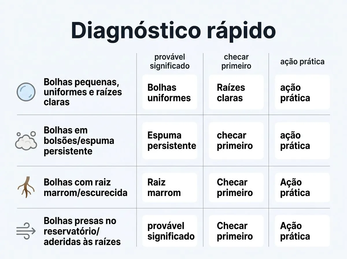 Quadro visual para interpretar bolhas nas raízes na hidroponia por sintomas e ações iniciais recomendadas.