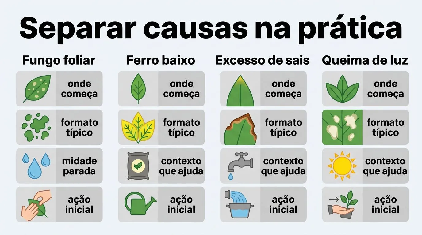 Comparativo visual entre fungo, ferro baixo, excesso de sais e queima de luz