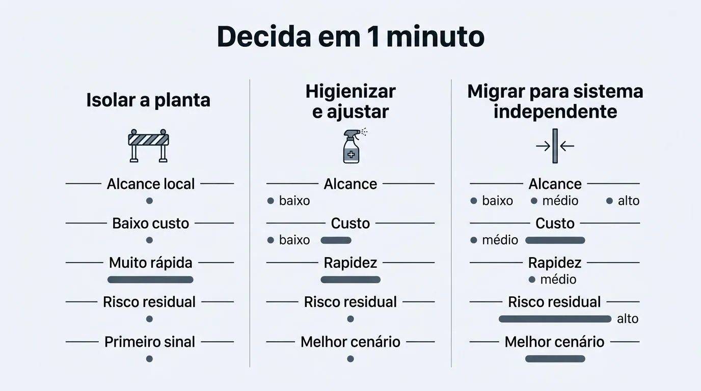 Comparativo visual com opções: isolar, higienizar e migrar para sistema independente, com critérios curtos.