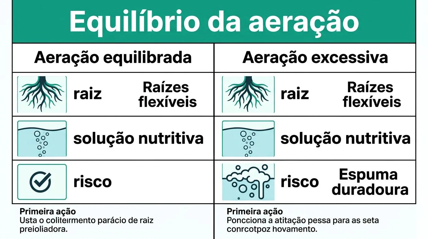 Comparação visual entre aeração equilibrada e aeração excessiva com foco em aparência das raízes e sinais na solução nutritiva.
