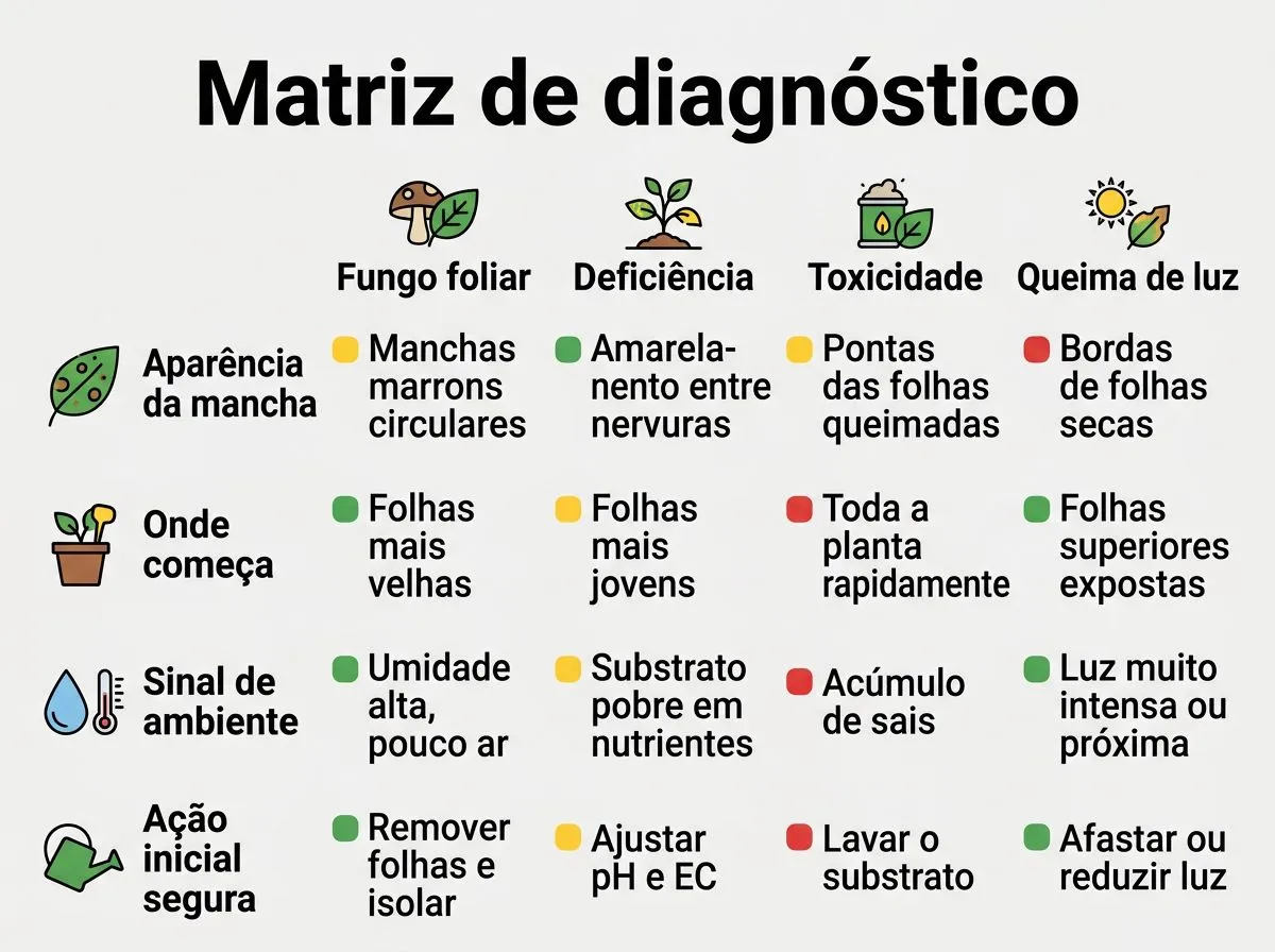 Matriz comparativa para diagnosticar manchas foliares na hidroponia