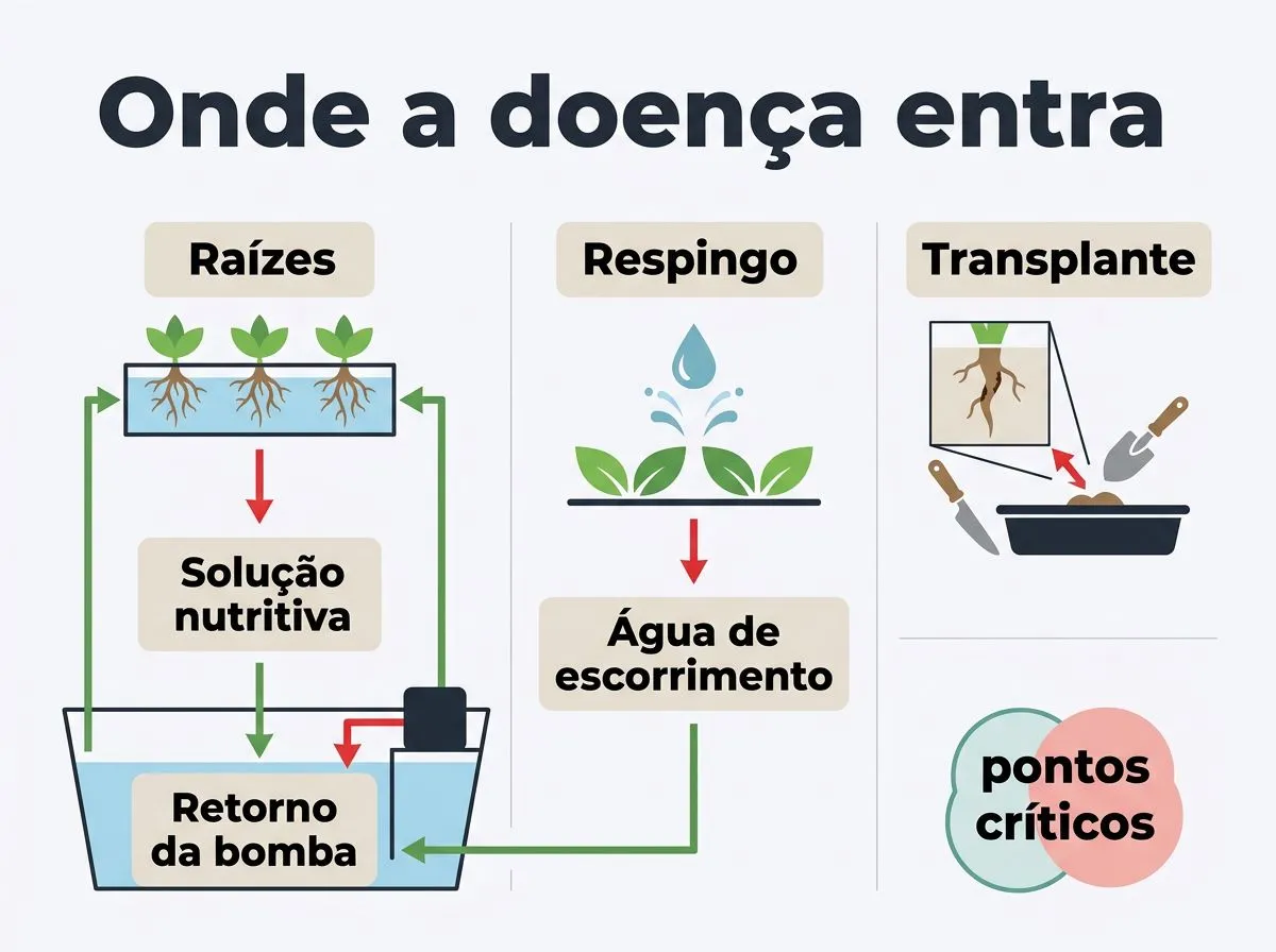 Infográfico de fluxo mostrando como a contaminação se espalha por raízes, solução nutritiva, respingos e transplante.