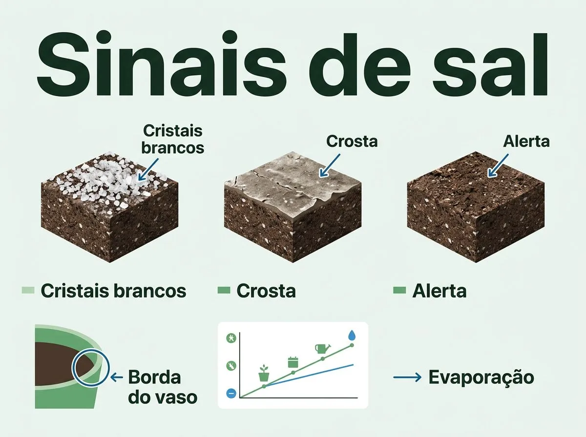 Guia visual com cristais brancos, crosta superficial e alerta de salinização em substrato hidropônico.