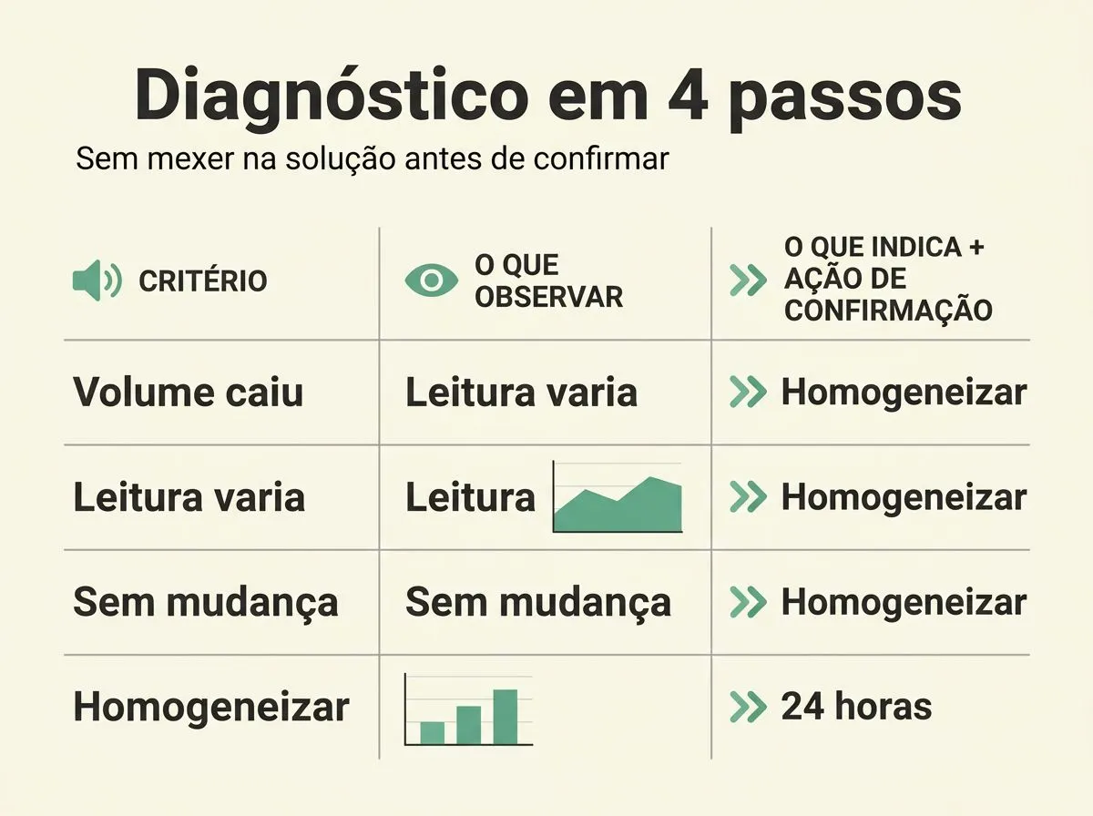 Infográfico com critérios para investigar queda inexplicável de EC e ações de confirmação sem desperdício.