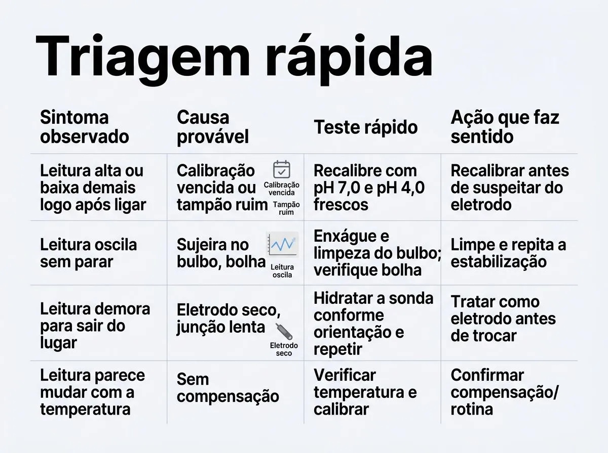 Tabela de triagem para identificar causa de leituras erradas do sensor de pH na hidroponia e orientar o próximo passo