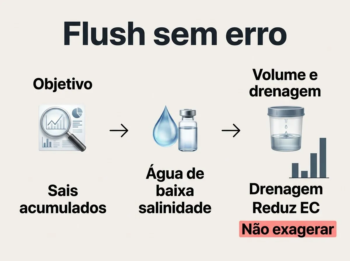 Fluxograma de flush: quando usar, água de baixa salinidade e checagem de drenagem sem exagerar.
