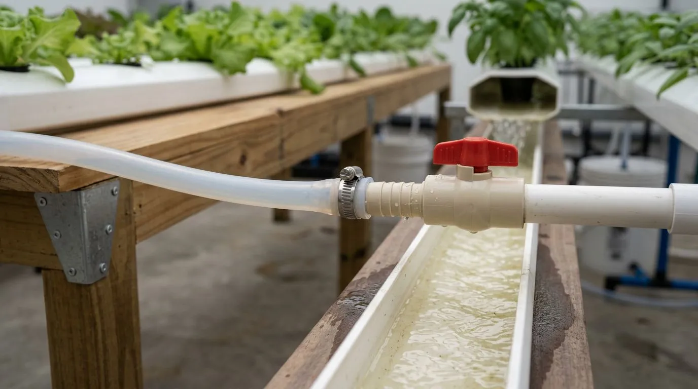 Close em conexões e mangueiras hidropônicas, ambiente limpo para inspecionar perda de solução sem poça.