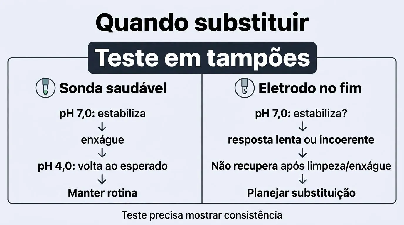 Comparação de resultados ao testar sonda de pH em tampões e critérios práticos para decidir entre limpar, recalibrar ou substituir