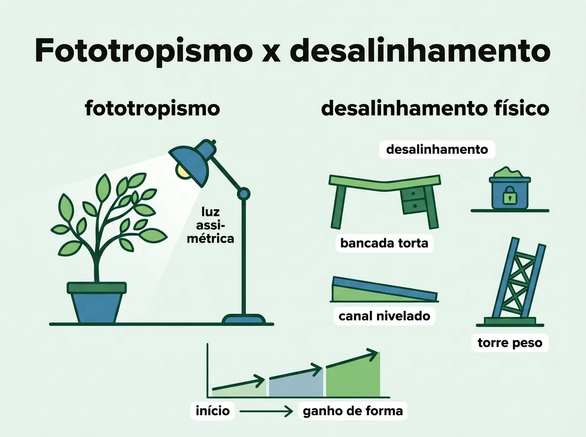 Infográfico comparando fototropismo e desalinhamento físico como causas de planta pender na hidroponia.