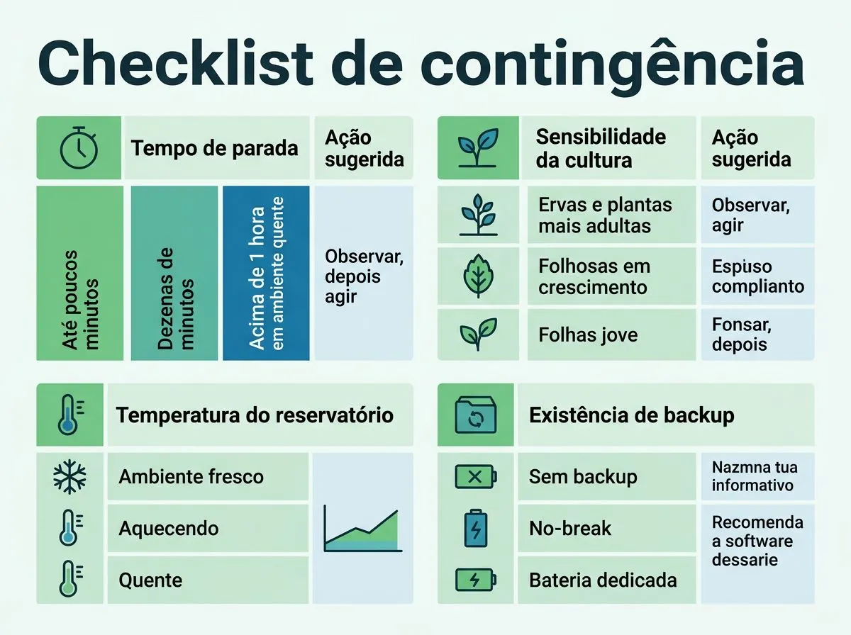 Infográfico em quatro critérios para decidir o que fazer na hidroponia durante falta de energia