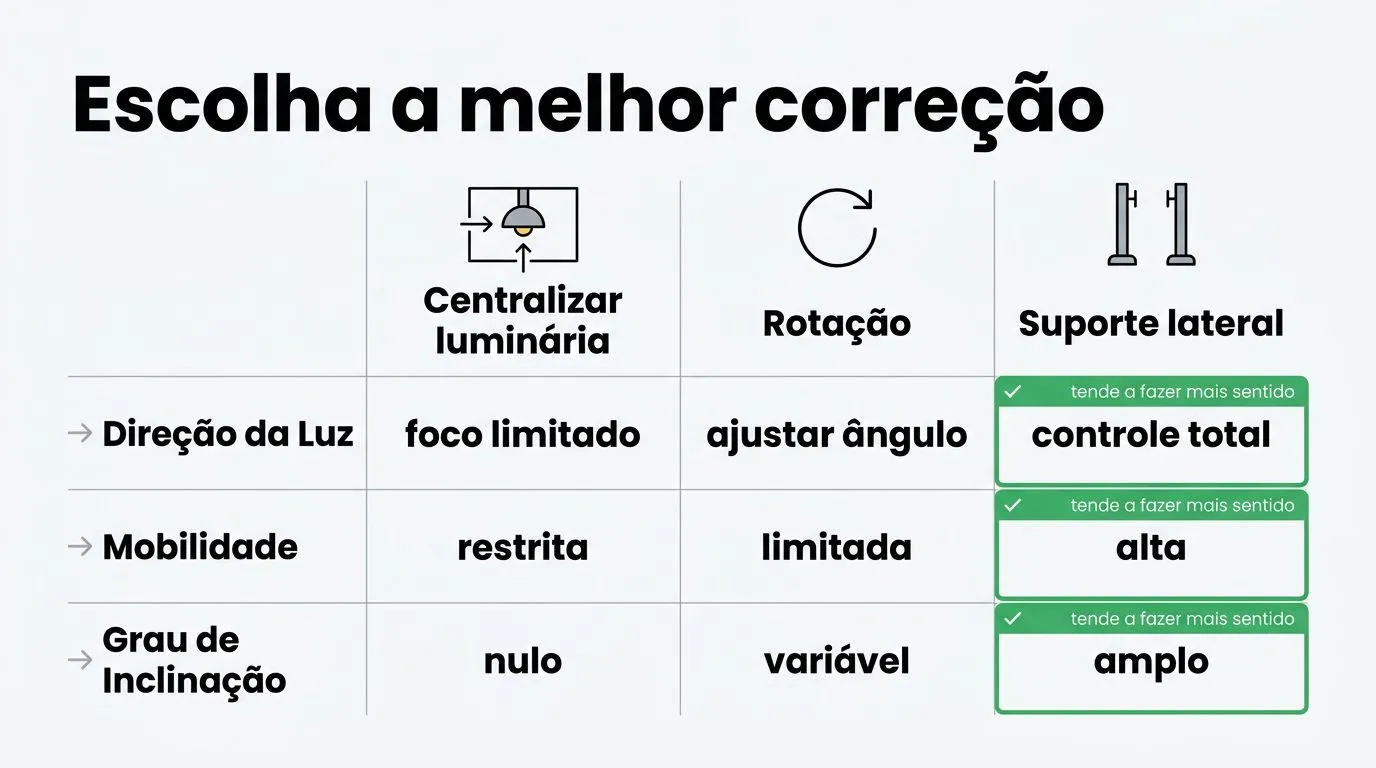 Comparativo de soluções: luz centralizada, rotação e suporte lateral para corrigir crescimento torto na hidroponia.