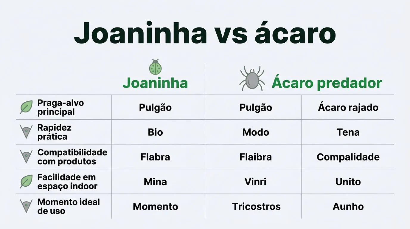 Comparação entre joaninhas e ácaros predadores para pulgão e ácaro rajado em cultivo indoor.