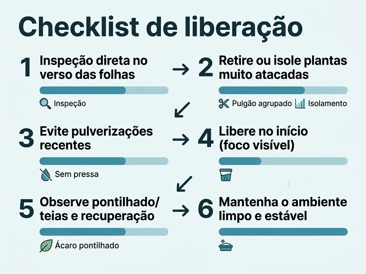 Checklist visual para introduzir joaninhas e ácaros predadores sem comprometer o cultivo indoor.